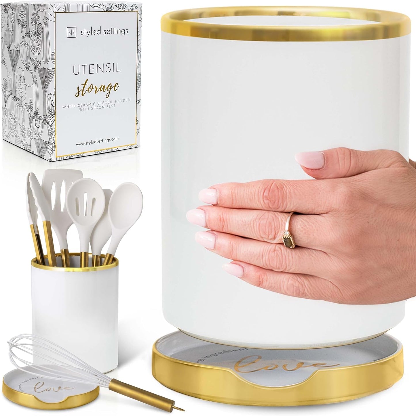 Stylish White Utensil Holder with Gold Spoon Rest for Kitchen