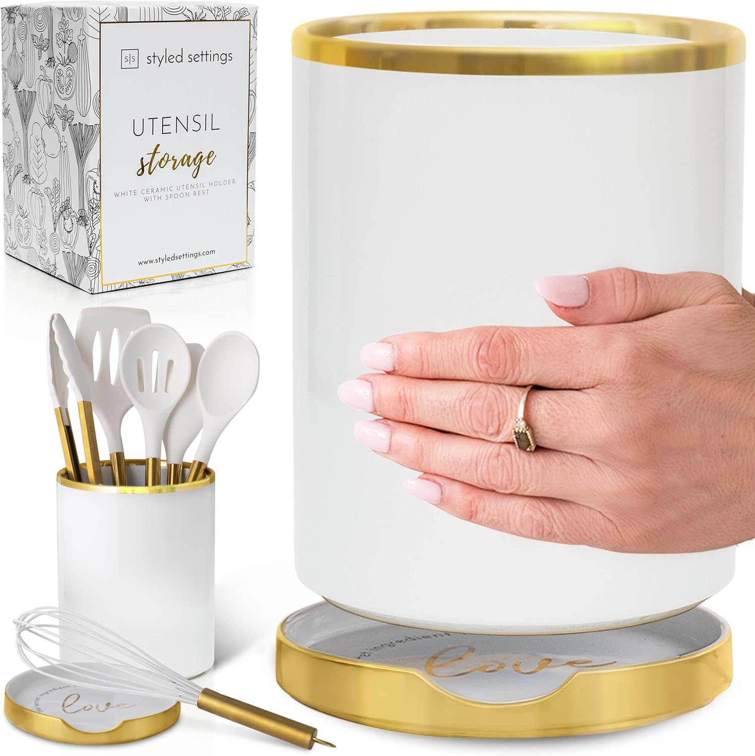 Stylish White Utensil Holder with Gold Spoon Rest for Kitchen