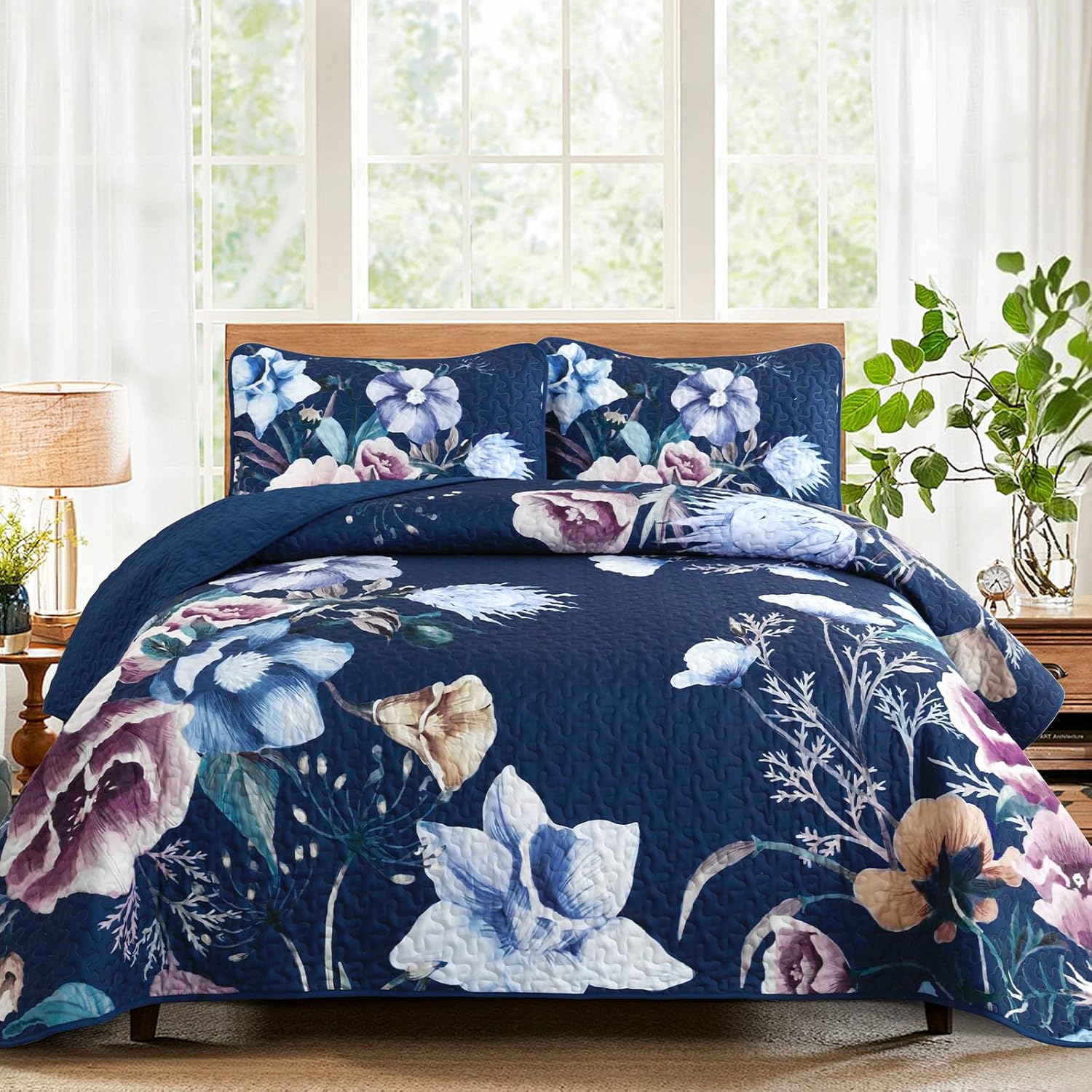 Drucon Blue Floral Quilt Set Queen Size for All Seasons Comfort