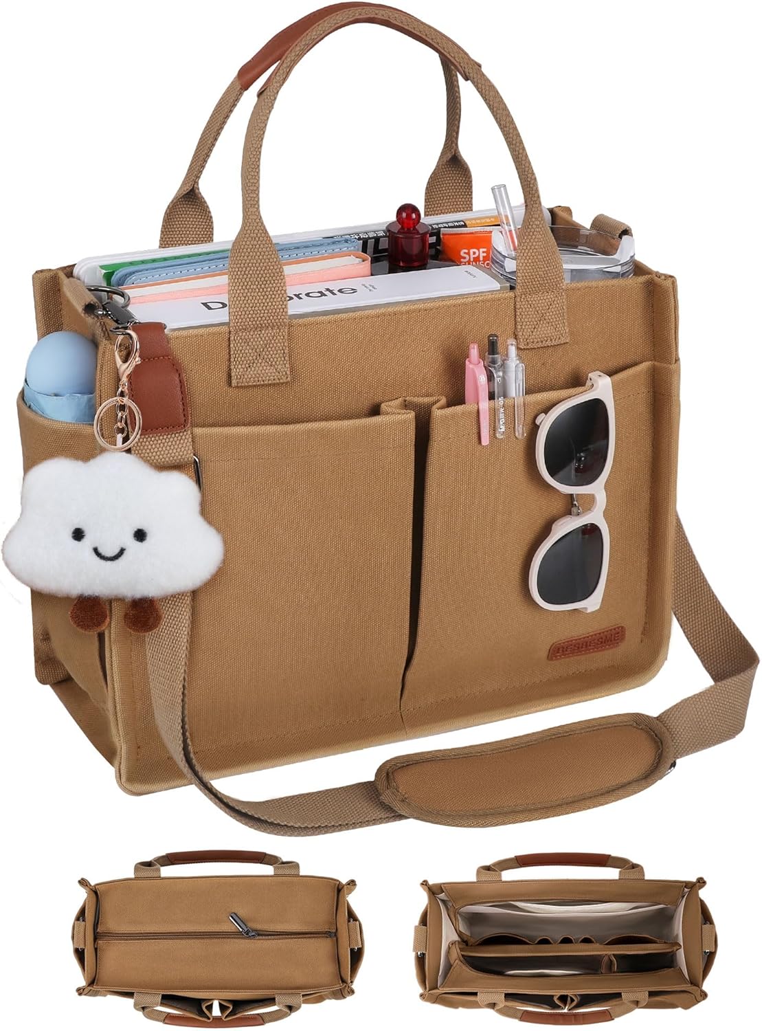 BESBESME Canvas Tote Bag for Women with Zipper & Compartments