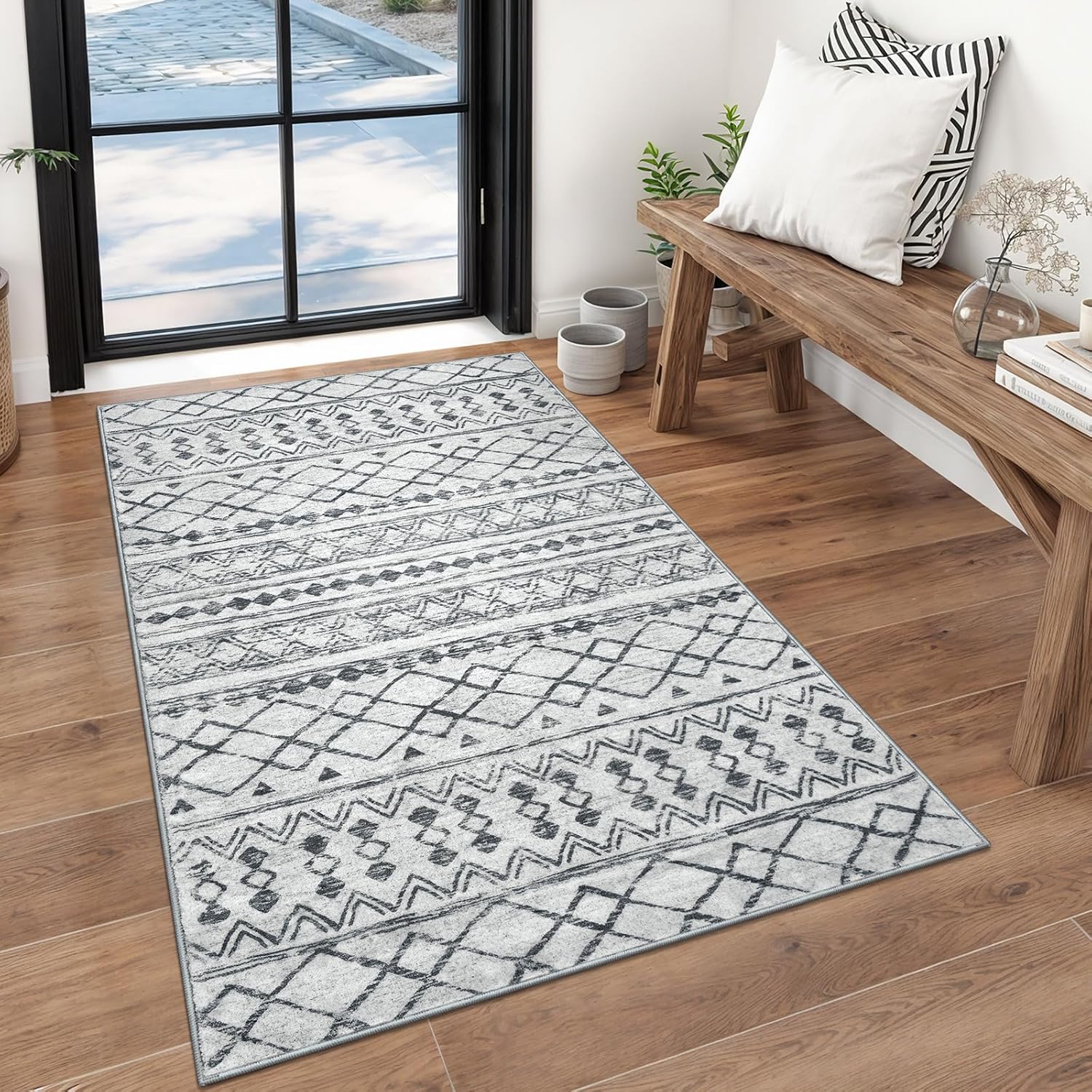 KUTA 3x5 Grey Boho Area Rug for Living Room and Kitchen Use