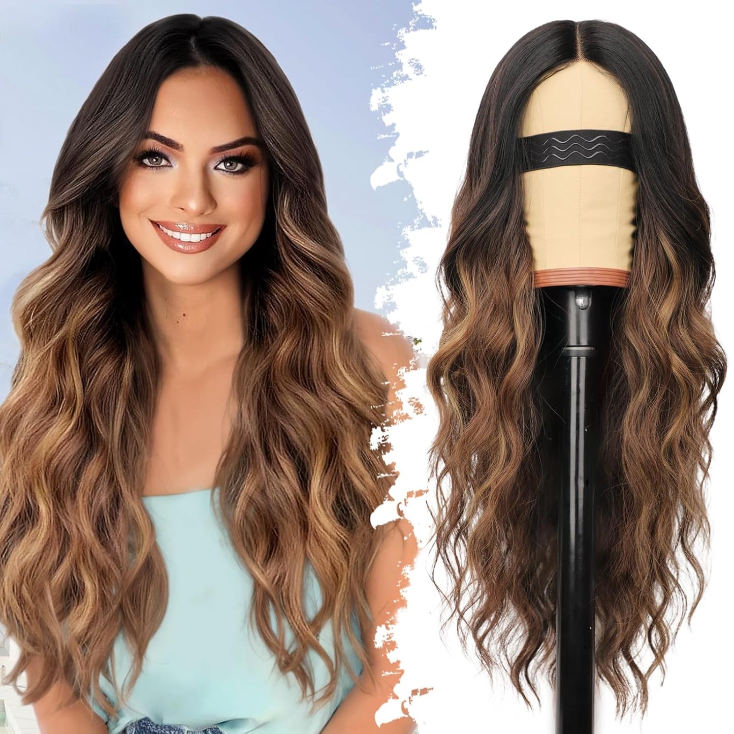 Brown Highlights Long Wavy Wig for Women - 26 Inch Style