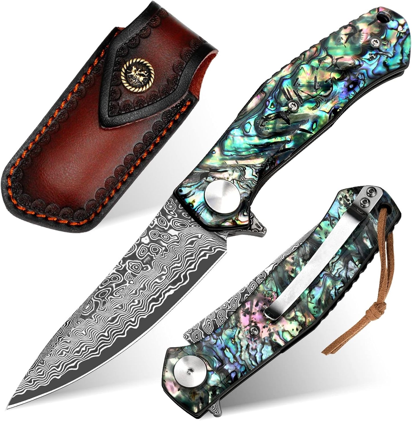 Benkey Damascus Pocket Knife with Unique Abalone Handle Design
