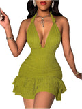 Women's Halter Bodycon Mini Dress - Sexy Deep V Ruffle Fit