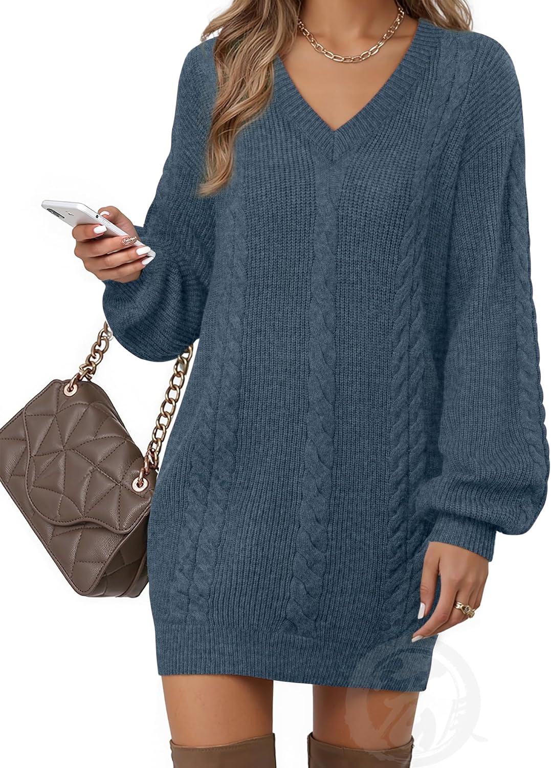 Women's V Neck Lantern Sleeve Casual Knit Mini Sweater Dress