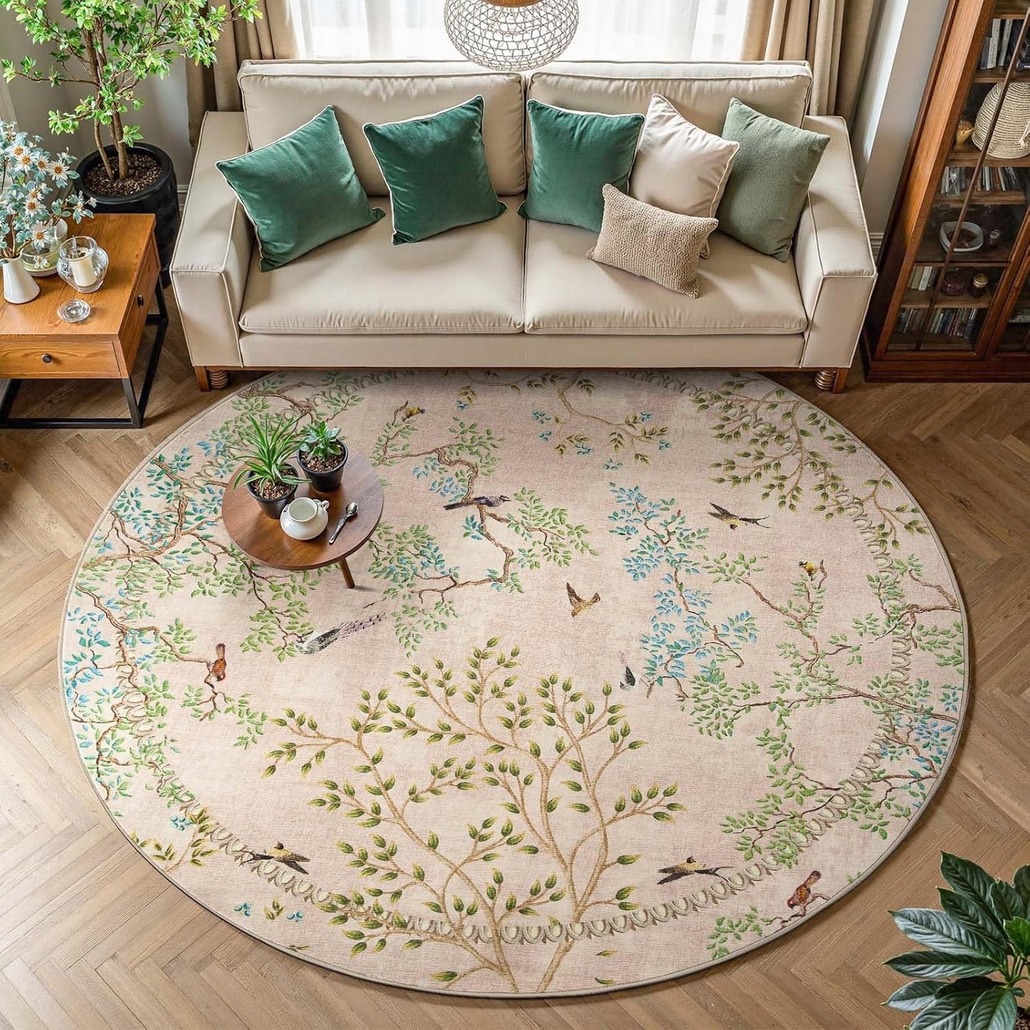 Round Rugs 7ft Beige Botanical Birds Print for Modern Spaces