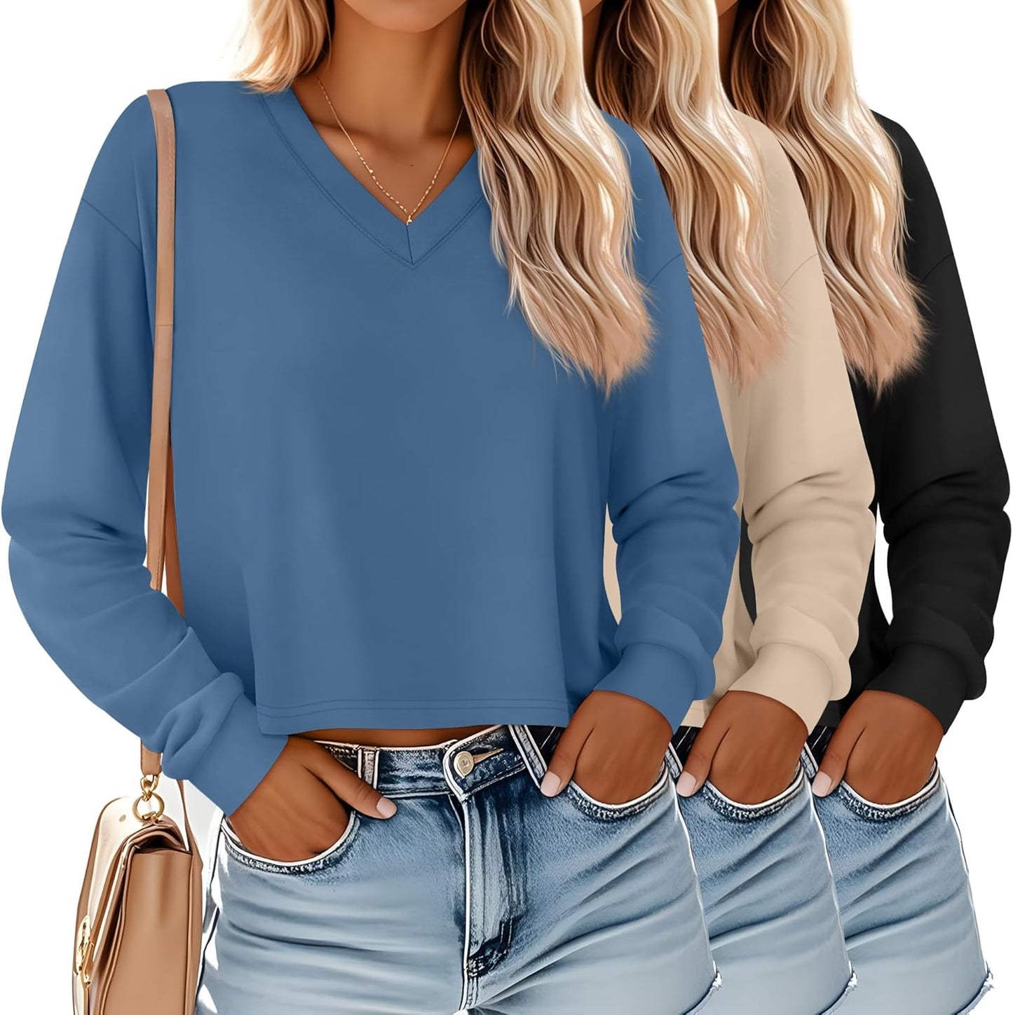 Ficerd 3 Pack Women's Crop Long Sleeve Tops for Casual Style
