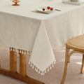 Beige Burlap Linen Rectangle Table Cloth with Tassel - Farmhouse