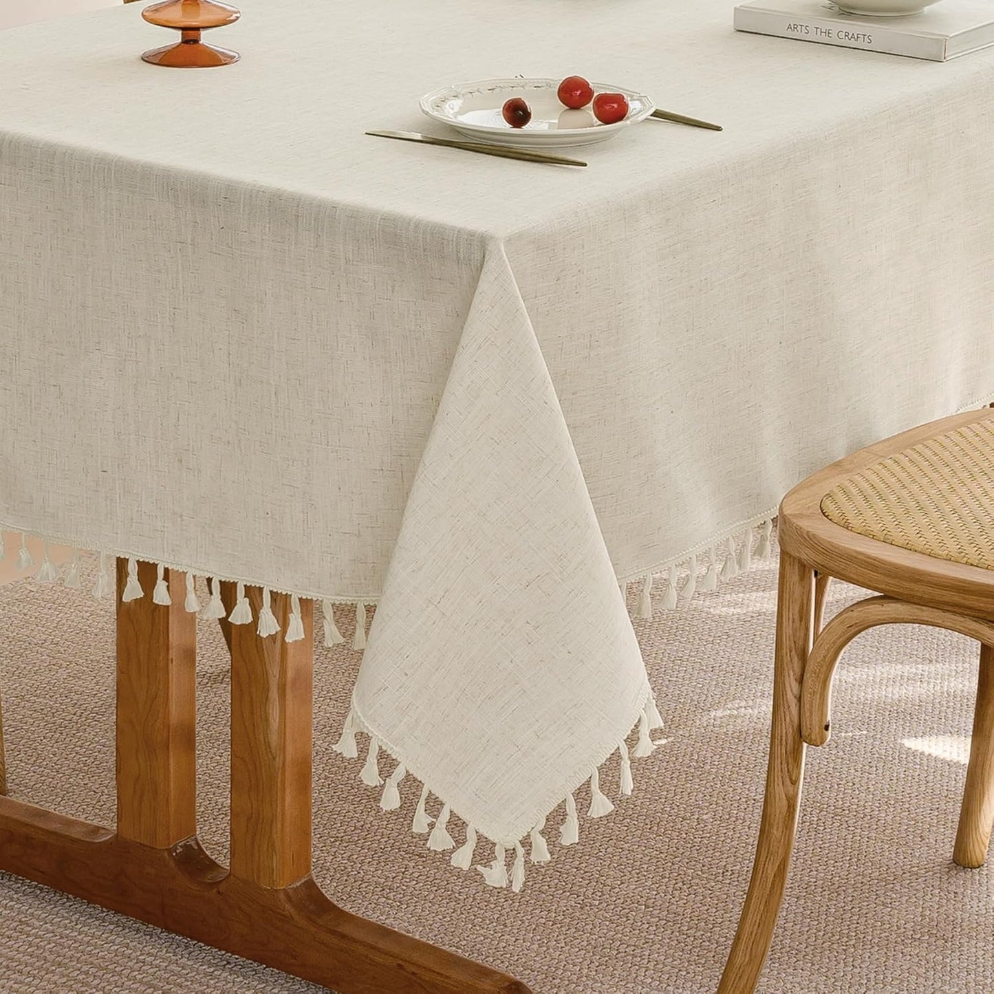 Beige Burlap Linen Rectangle Table Cloth with Tassel Design