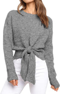 Okiwam Women's Cropped Tie Front Sweater - Cozy Fall Staple Pullover