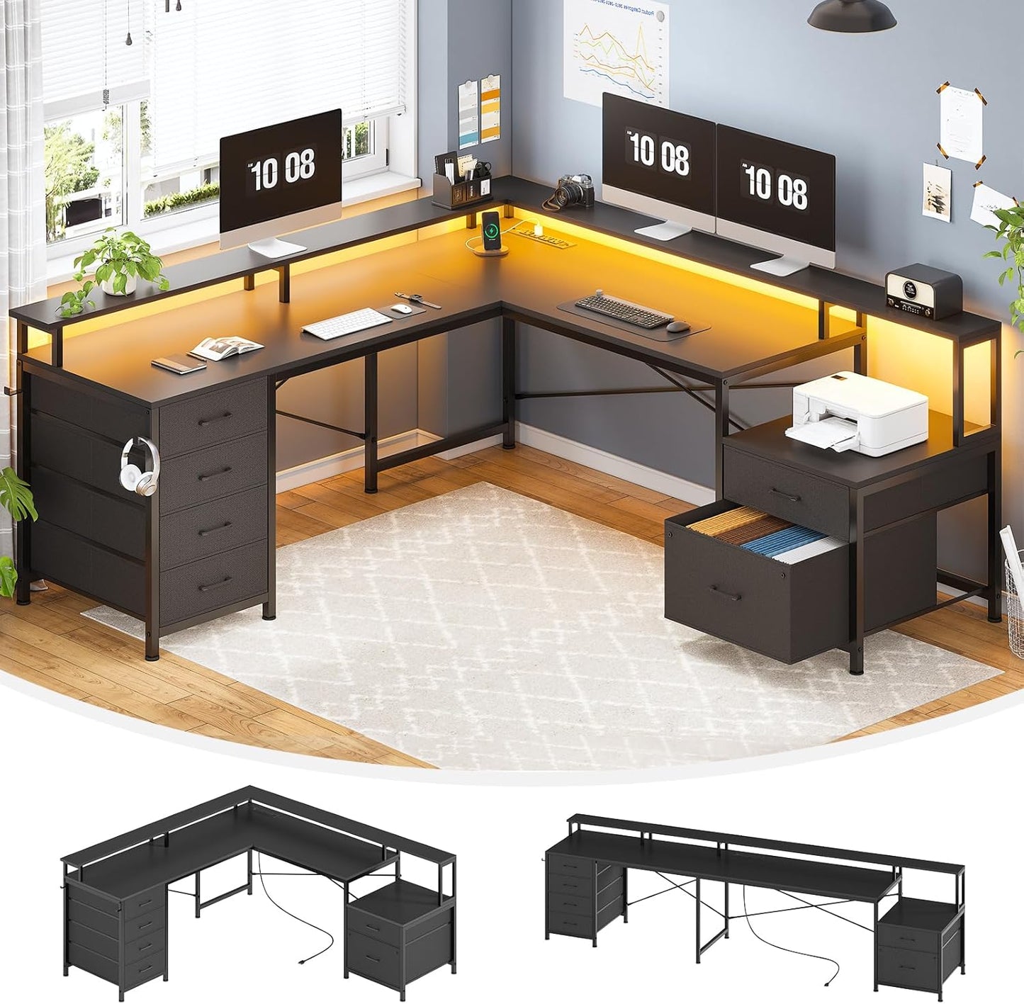108 L-Shaped Gaming Desk with 6 Drawers & LED Lights