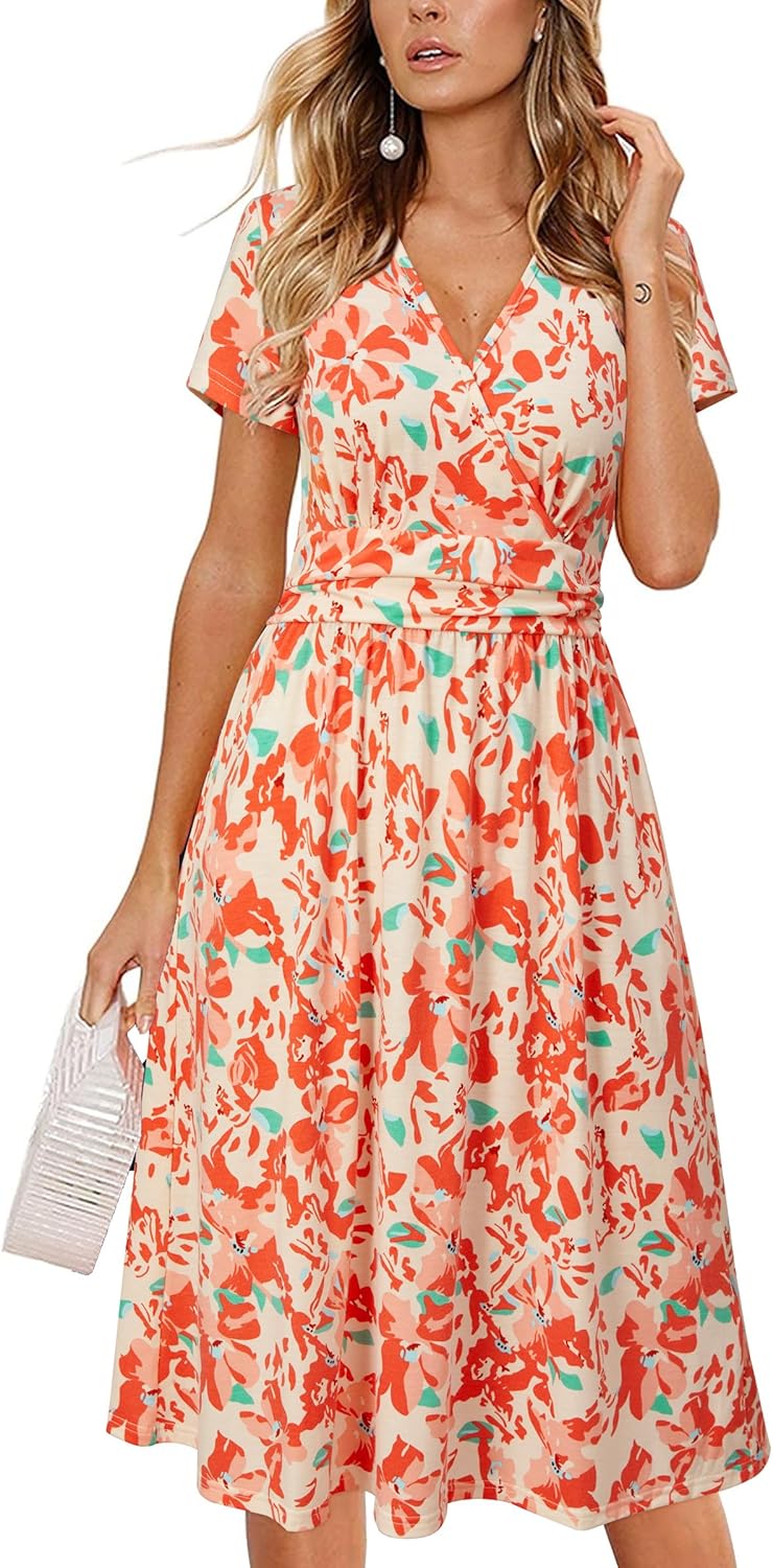 OUGES Women's Summer Short Sleeve V-Neck Floral Dress with Pockets