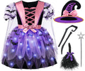 Girls Light Up Witch Costume with Hat and Broom - Lighted Dress
