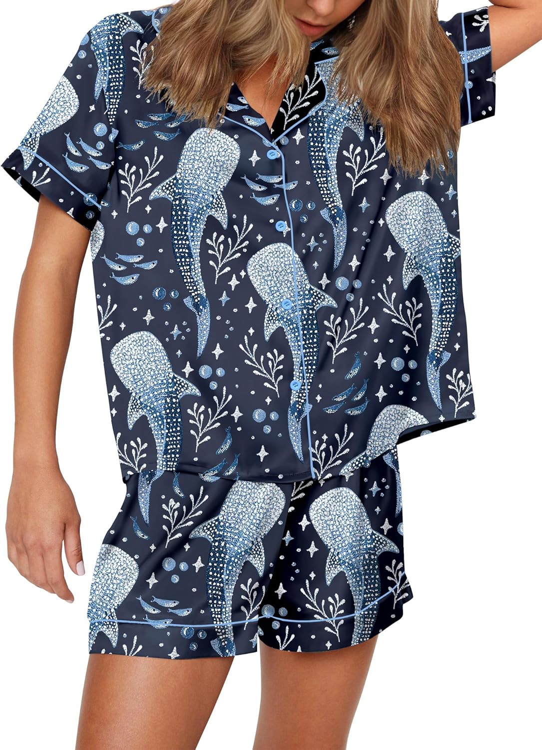 Funny Graphic Pajamas for Women Set with Whale Shark Print