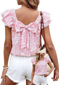 Womens Bow Tie Back Round Neck Ruffle Short Sleeve Top - Cute Chiffon