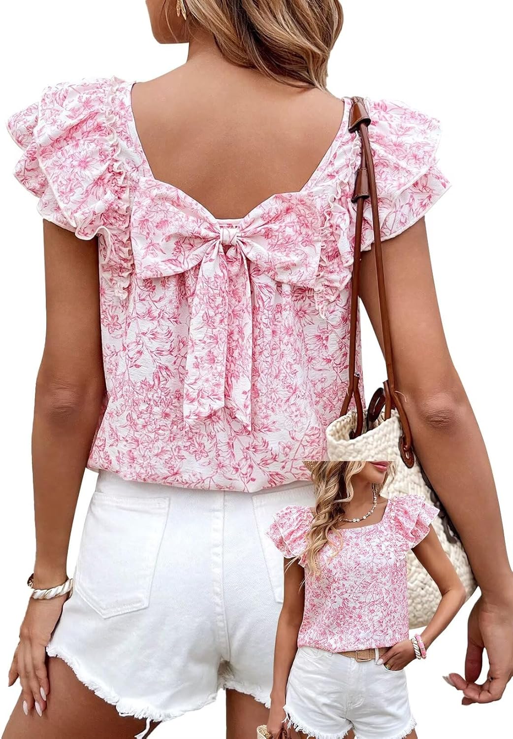 Womens Bow Tie Back Tops with Ruffle Short Sleeve Design