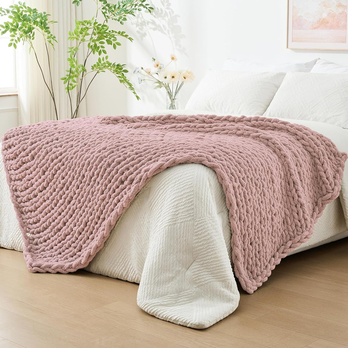 Chunky Knit Throw Blanket for Couch, Cozy Soft Large Rope Knot