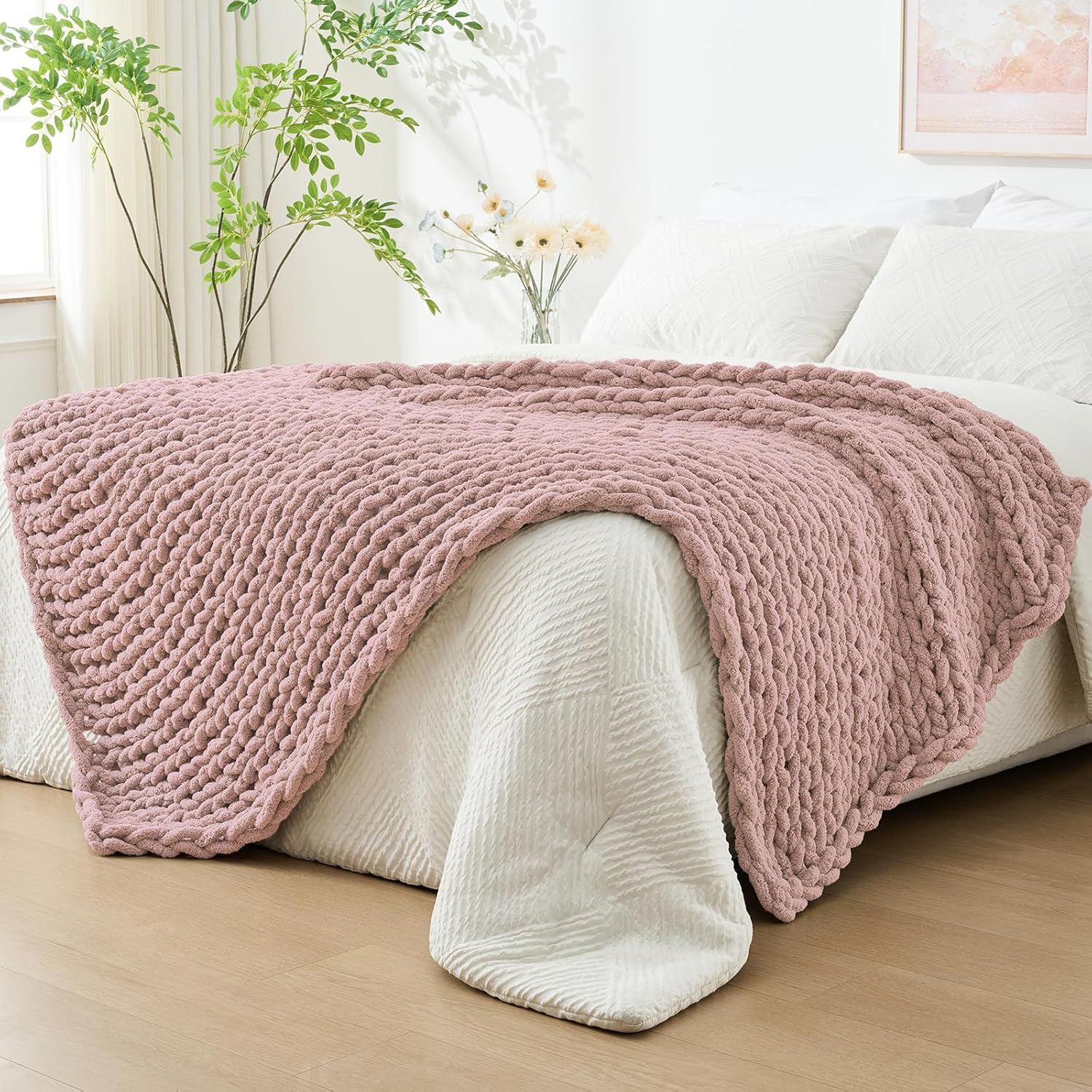 Chunky Knit Throw Blanket for Couch, Cozy Soft Large Rope Knot
