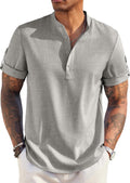 Men's Casual Henley Band Collar Linen Shirt - Lightweight Summer Beach