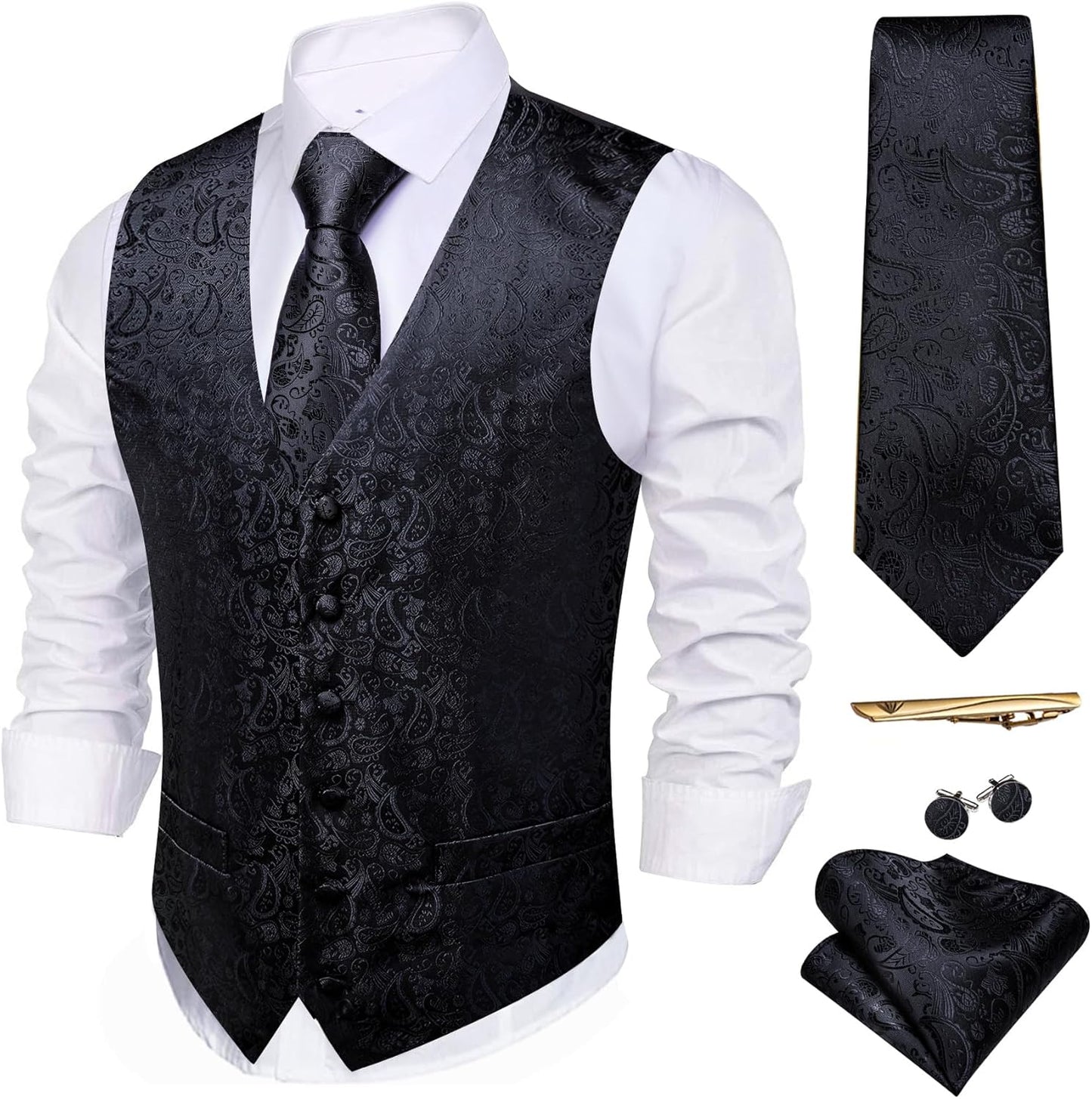 Barry.Wang Men's Suit Vest Set with Tie and Pocket Square 5PCS