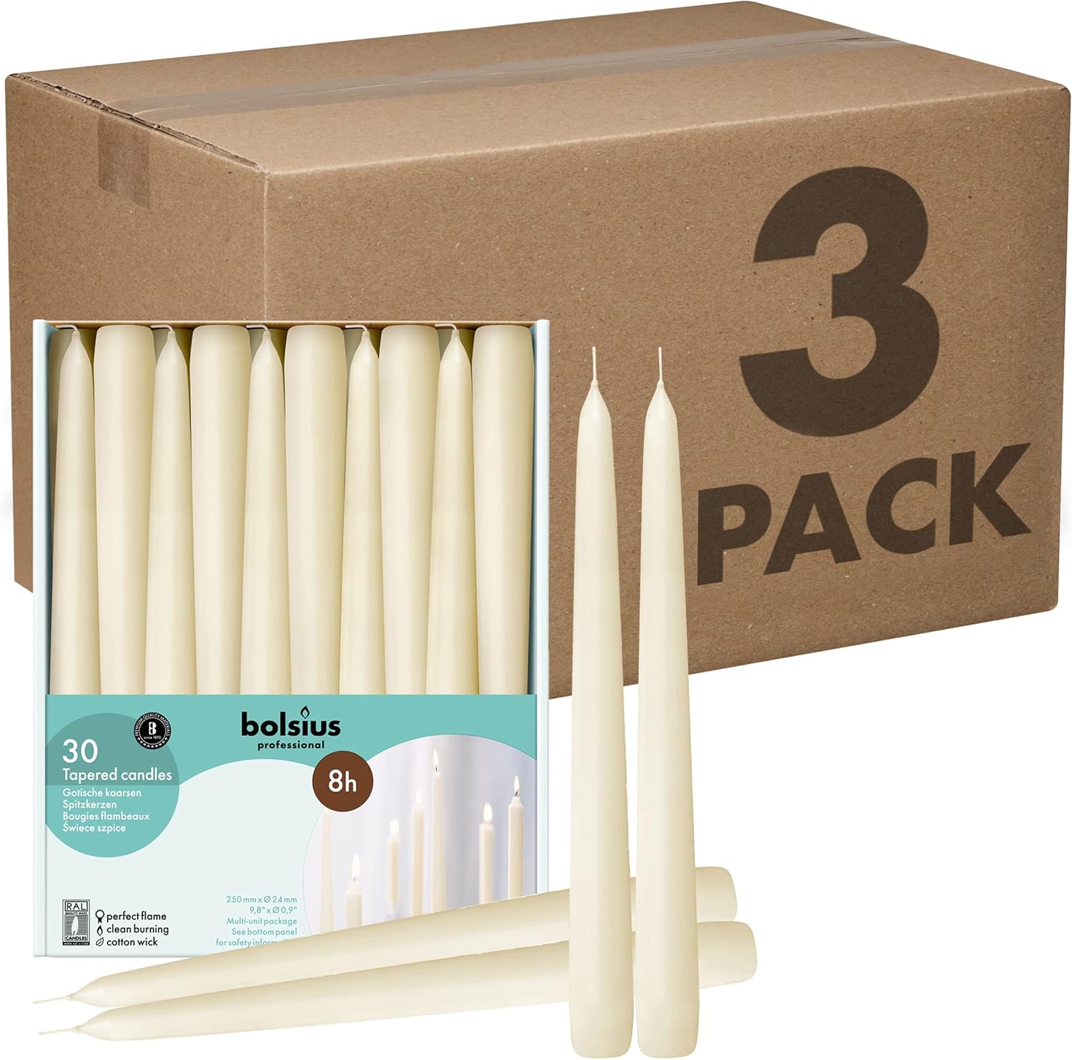 BOLSIUS Ivory Taper Candles - Premium Quality Dripless Set