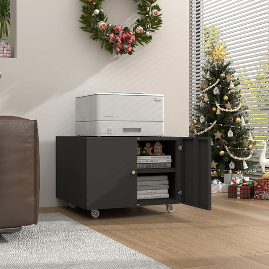 Compact Black Steel Printer Stand: Space-Saving Storage