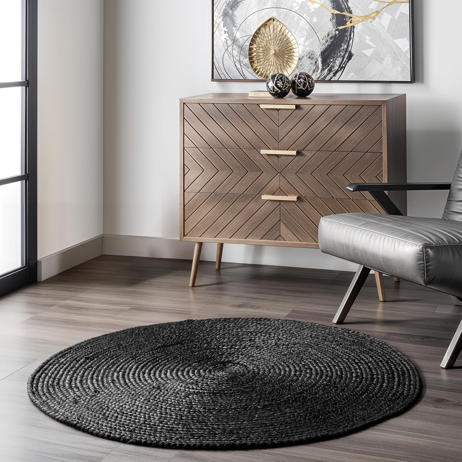 Handwoven Black Jute Area Rug 8ft Round for Boho Decor