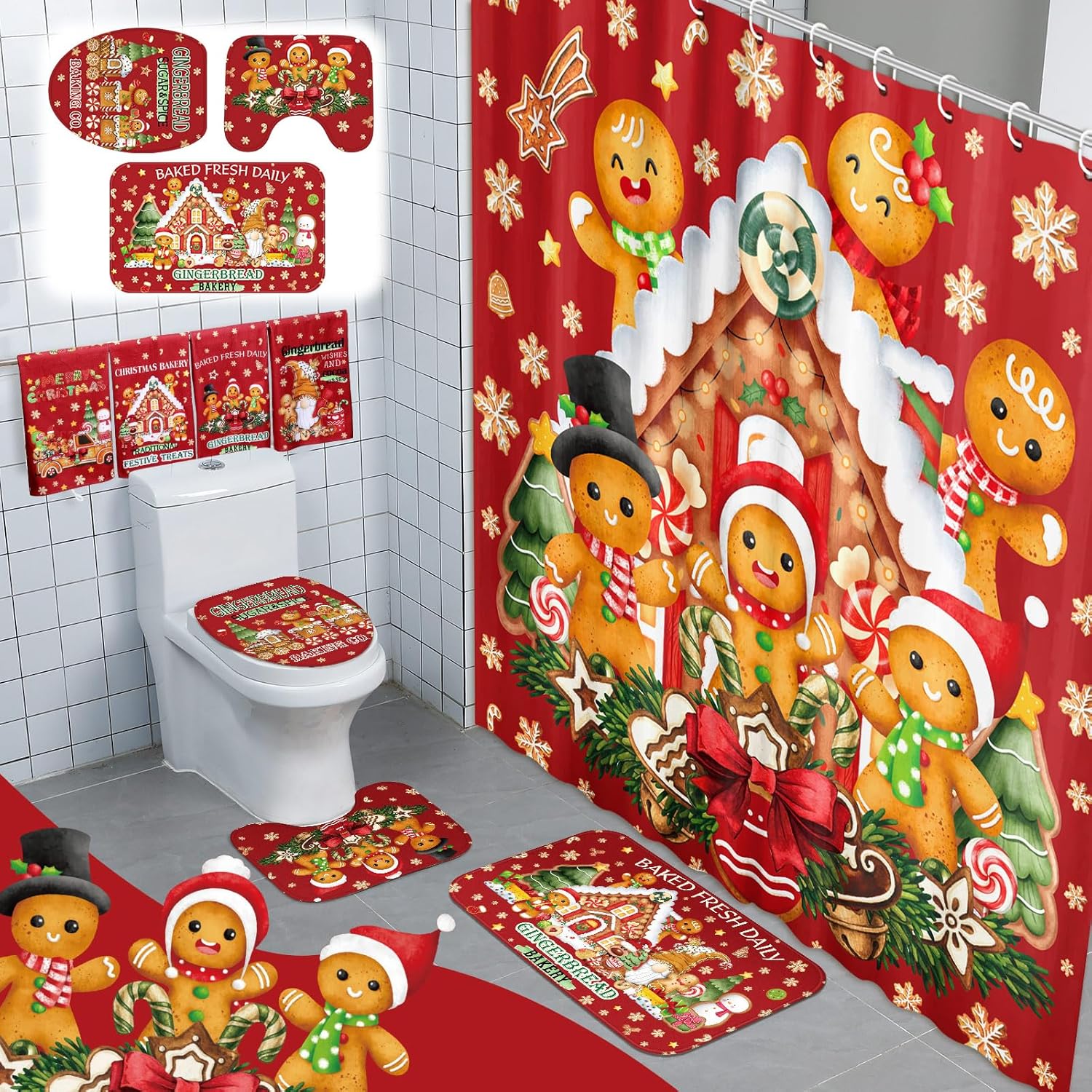 8 Pcs Christmas Shower Curtain Set for Festive Bathroom Decor