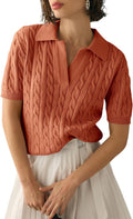 Women's Cable Short Sleeve Sweater Top - Soft Casual V Neck Lapel