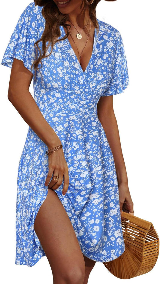 FENSACE Womens Sundress Summer Floral Short Sleeve Wrap Dress