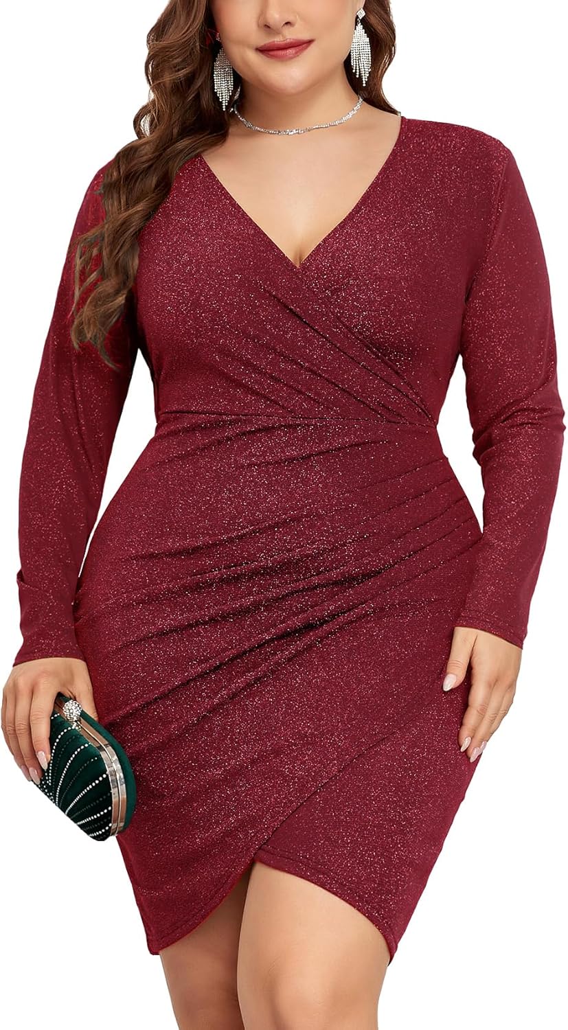 Plus Size Sparkly Glitter Ruched Bodycon Mini Dress for Parties