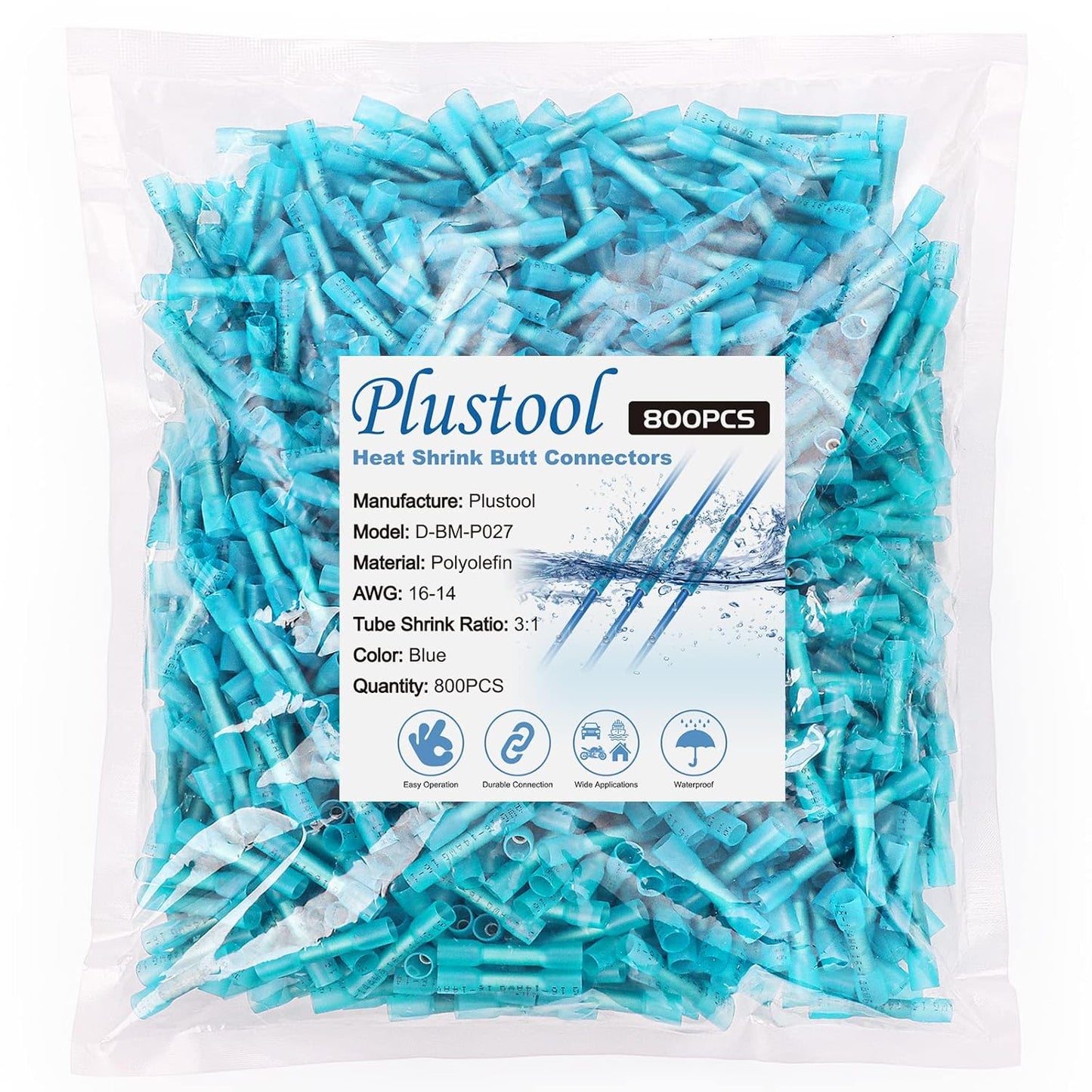 800PCS Blue Heat Shrink Butt Connectors for Marine Wiring