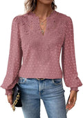 Womens V Neck Boho Long Sleeve Swiss Dot Chiffon Blouse - Ruffle Cuffs