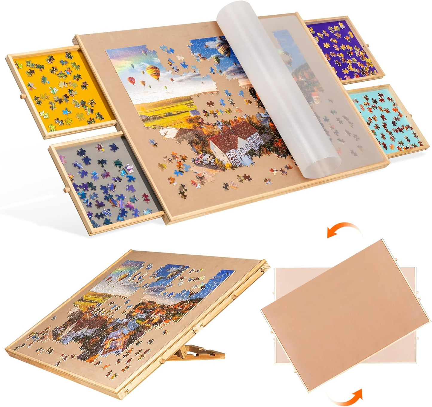 Rotating Jigsaw Puzzle Board with Colorful Drawers & Cover