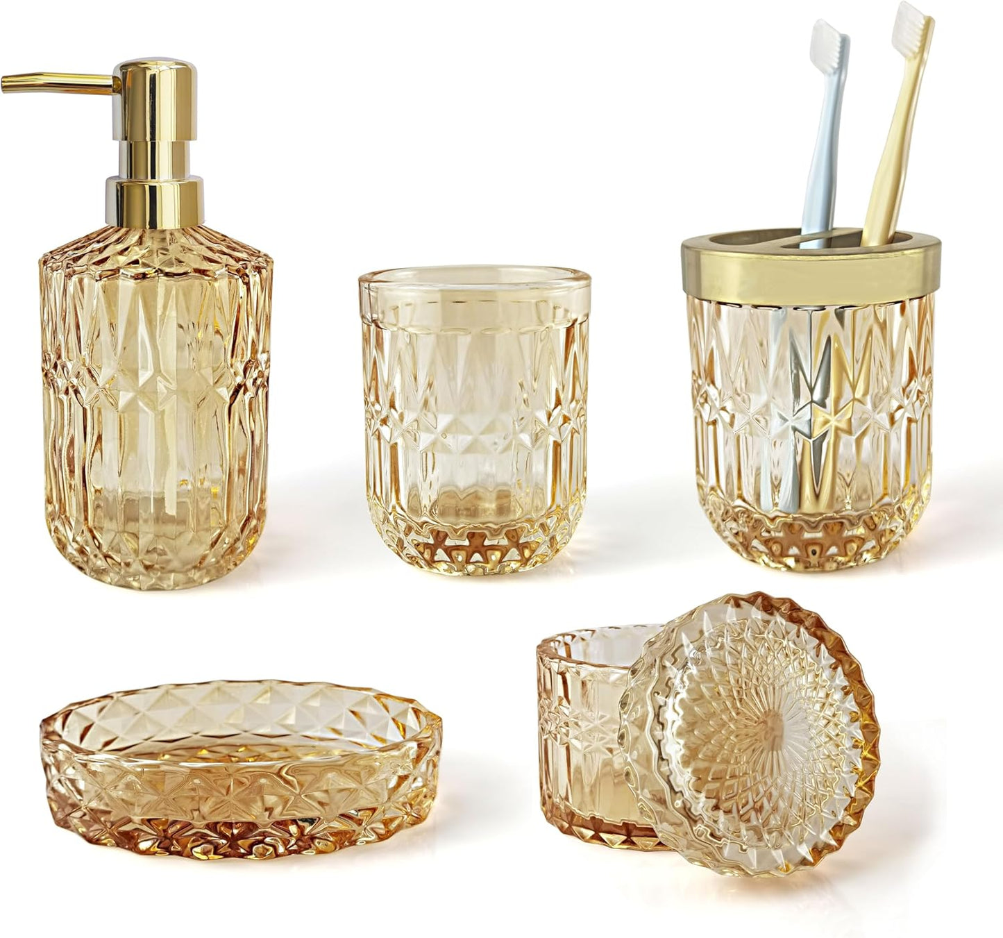 Complete 5Pcs Clear Gold Glass Bathroom Accessory Set for Decor