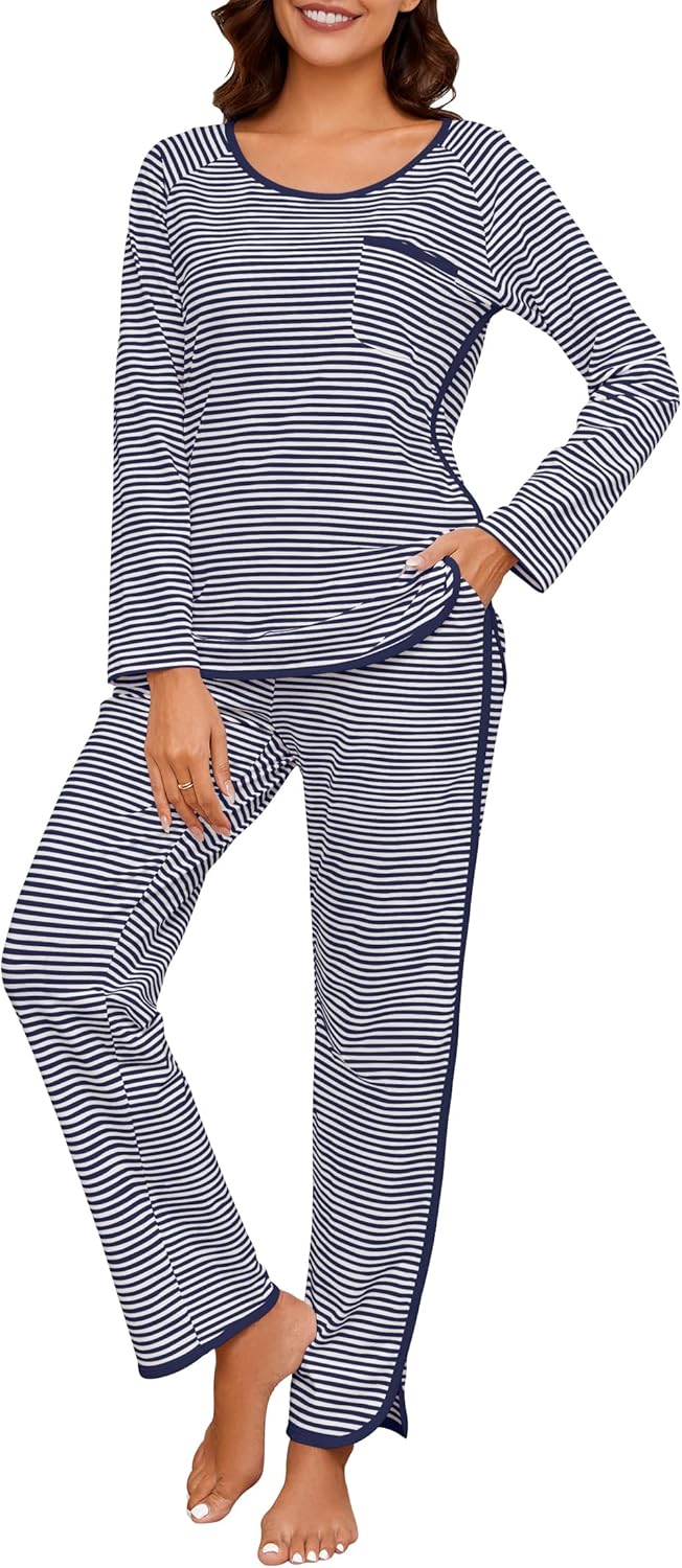 Womens Cotton Pajama Sets Stripe 2 Piece Lounge Set for Comfort