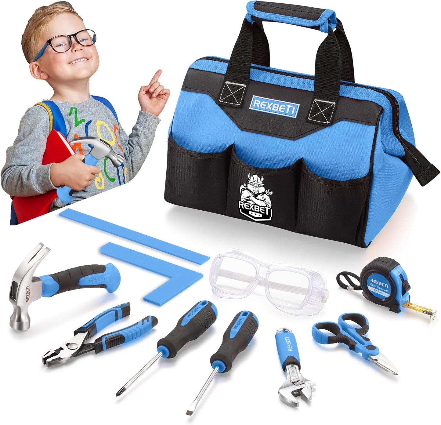 REXBETI 10-Piece Kids Tool Set for Home DIY and Woodworking