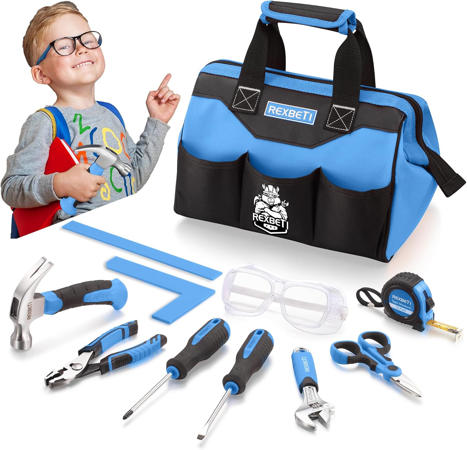 REXBETI 10-Piece Kids Tool Set for Home DIY and Woodworking