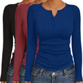 Women's Long Sleeve Henley 3-Pack - Ribbed Slim Fit Thermal Tops