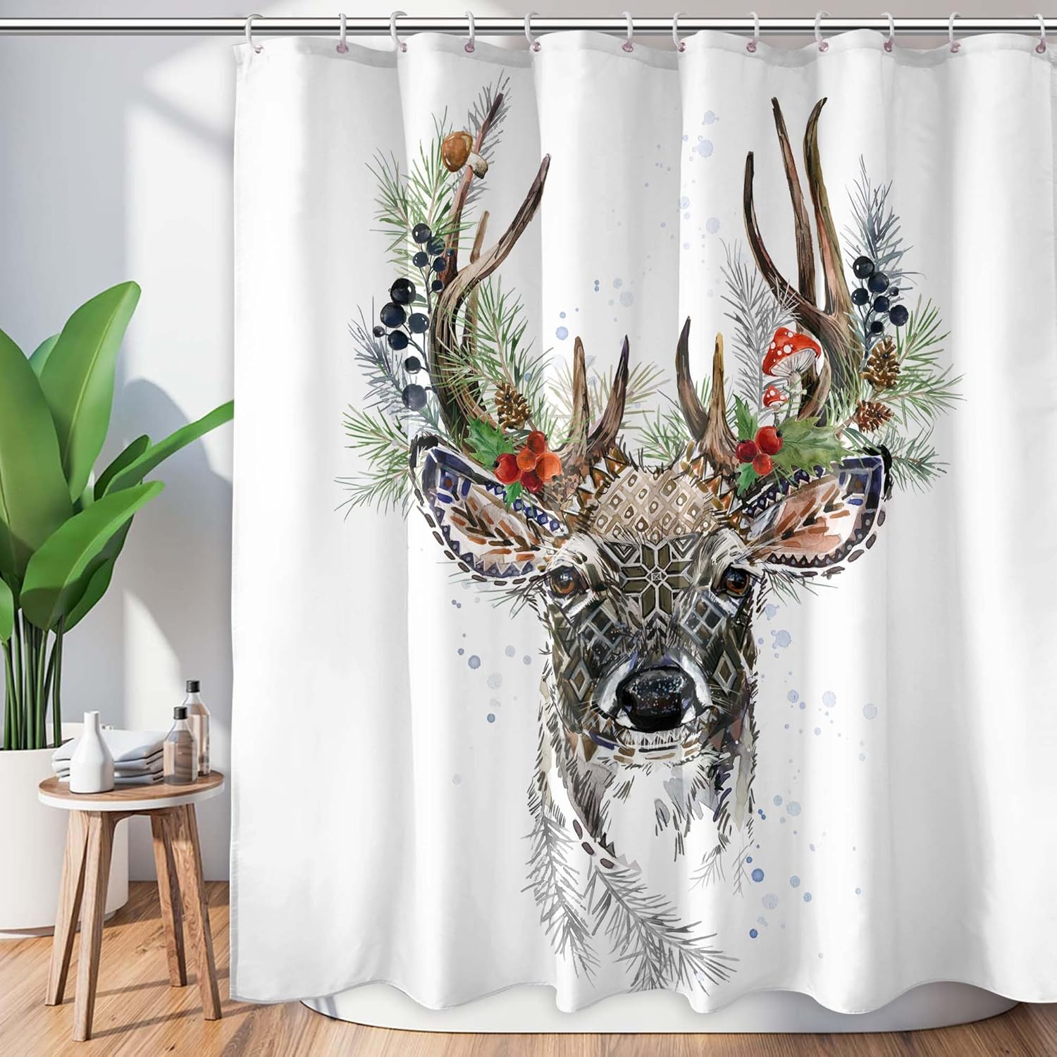 Christmas Elk Deer Forest Shower Curtain 72x72 - Waterproof Farmhouse Decor