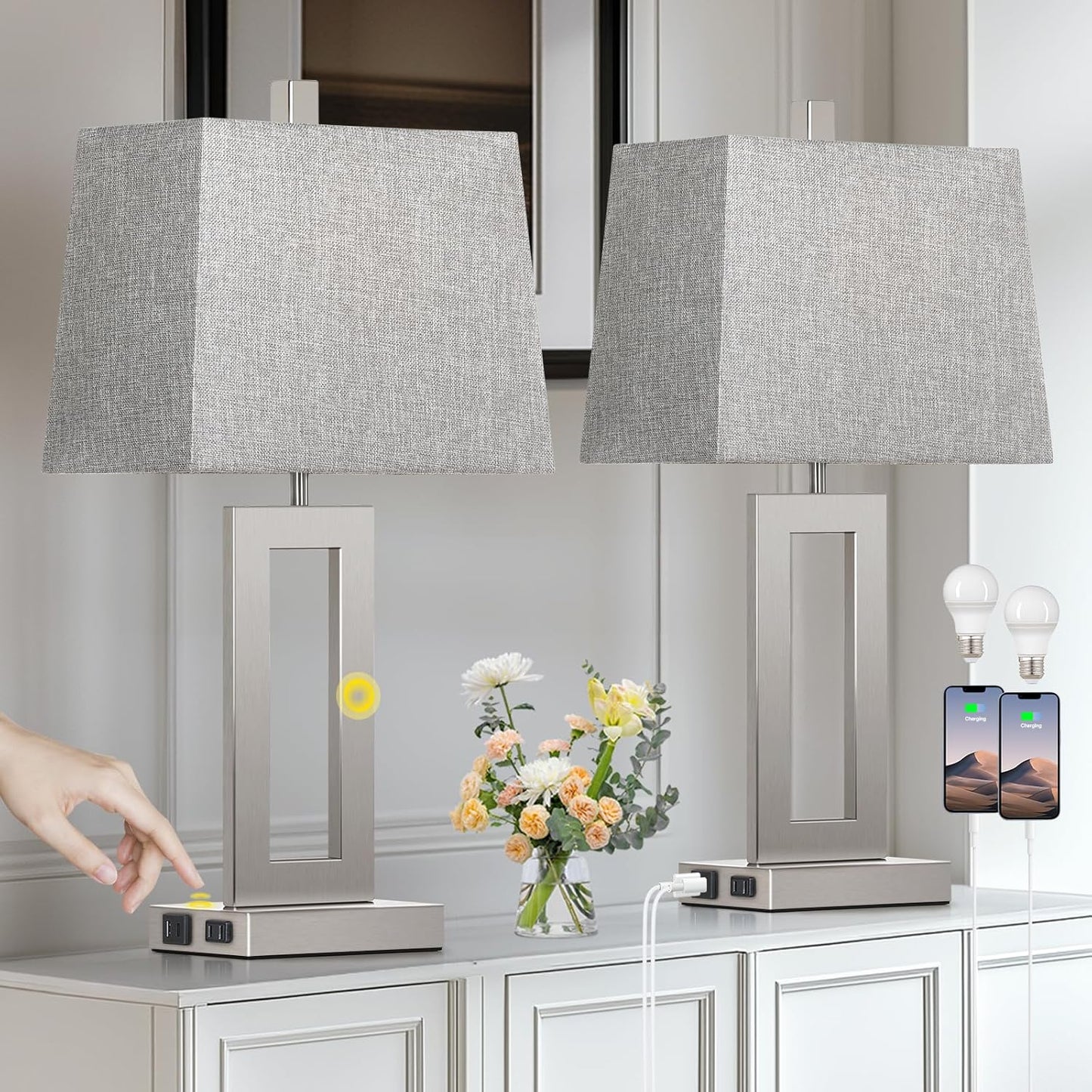 Touch Control Table Lamp Set of 2 with USB Ports and AC Outlet