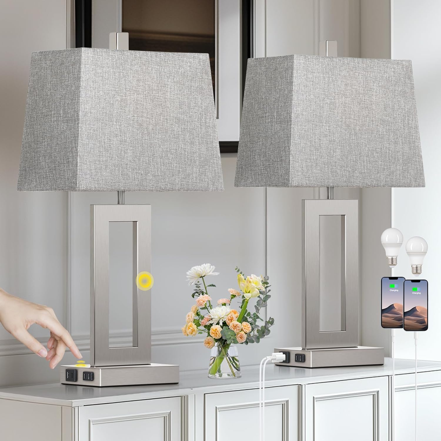 Touch Control Table Lamp Set of 2 with USB Ports and AC Outlet