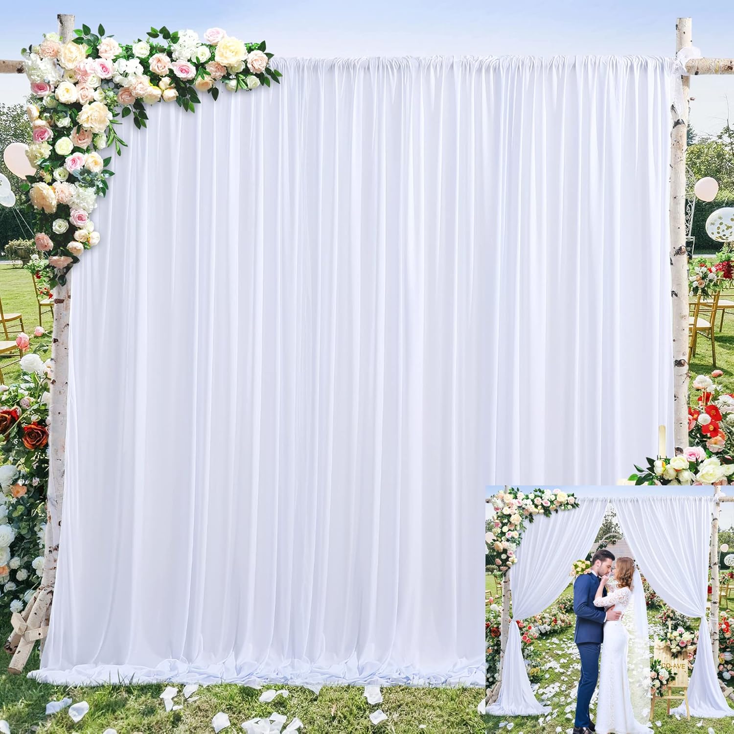 GEWONELIFE 10x12ft White Polyester Curtains - Wrinkle-Free Event Backdrop