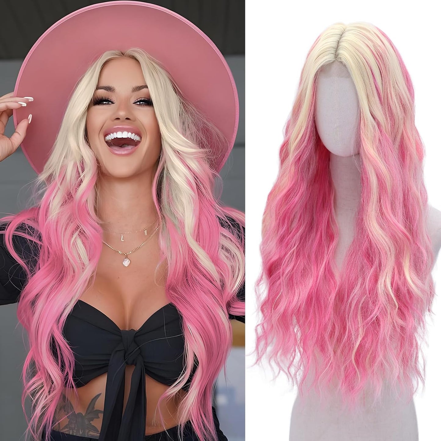 Long Pink Blonde Wig for Women - Heat Resistant Synthetic Style