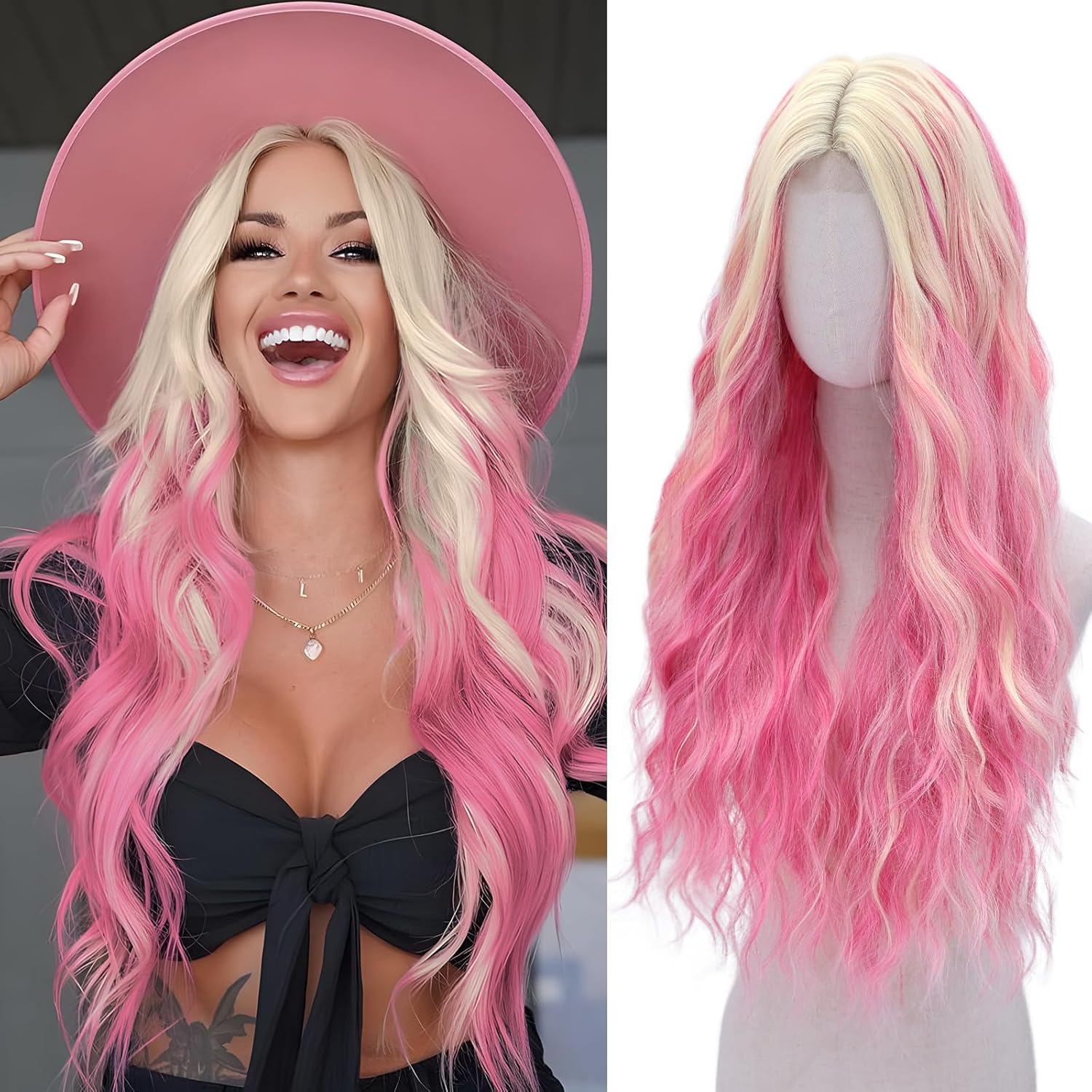 Long Pink Blonde Wig for Women - Heat Resistant Synthetic Style