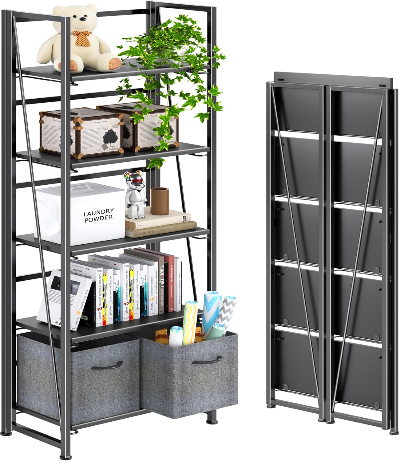4NM No Assembly Folding Bookshelf for Small Spaces, 62.2in Tall