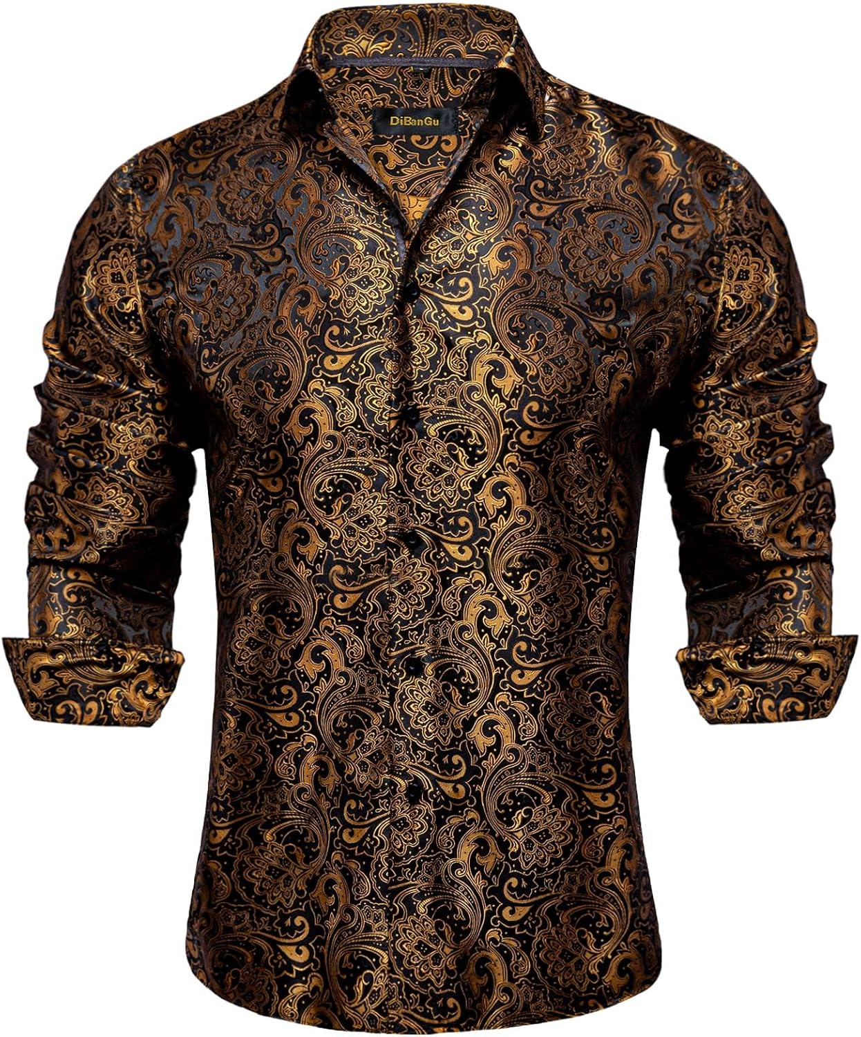DiBanGu Mens Silk Paisley Dress Shirts for Weddings and Parties