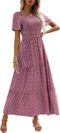 Smocked Floral Maxi Dress - Flowy Short Sleeve Wedding Guest Dress