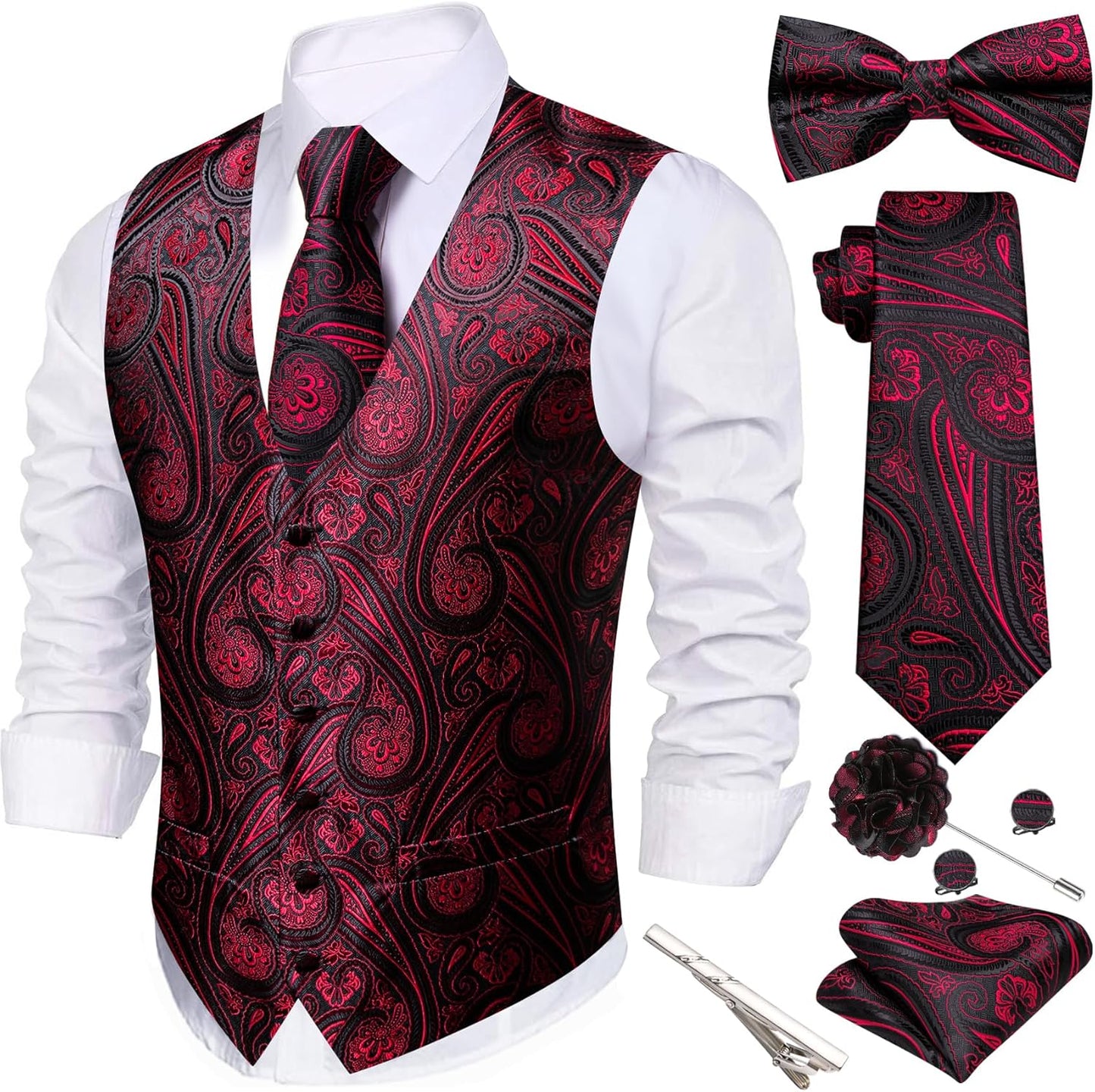 Barry.Wang Men's Suit Vest Tie Bowtie Set for Formal Events