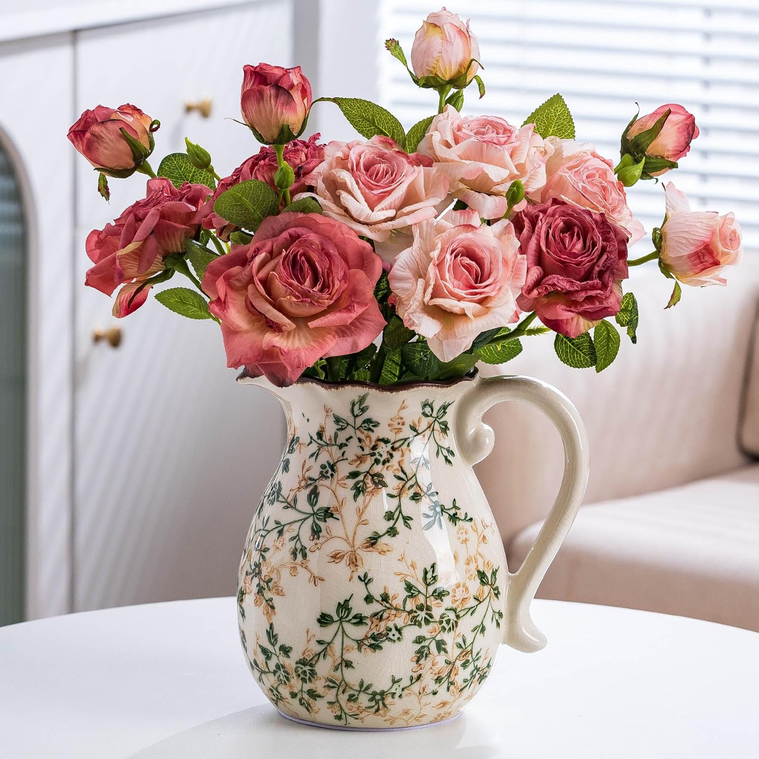 Green and White Vintage Vase with Handle for Home Decor